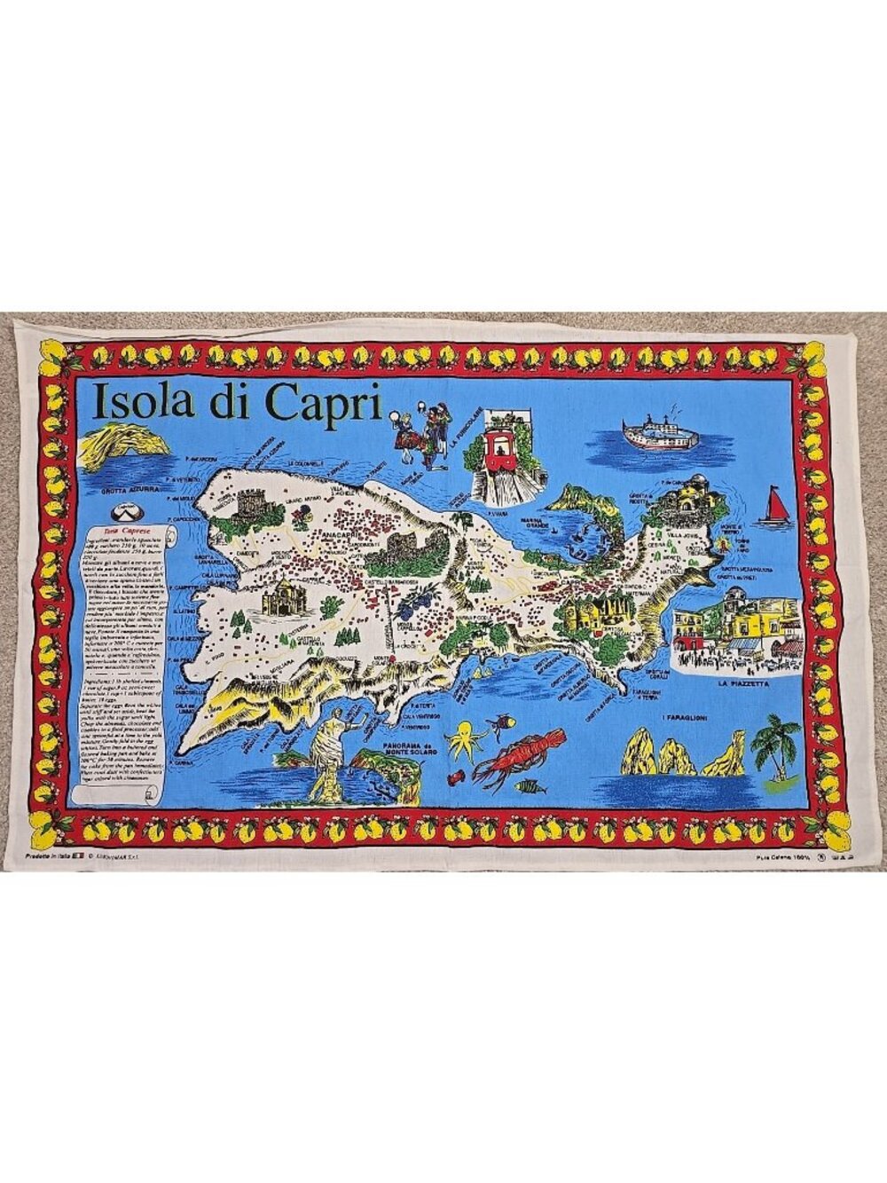 Vtg Isola di Capri Cotton Map Tea Towel Souvenir Italy 22"x34" Crafts Wall Decor